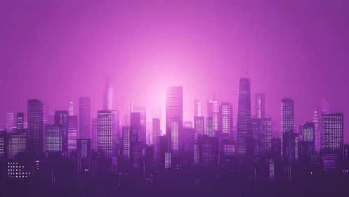 Neon-lit cyber city skyline glows in radiant purple dusk.