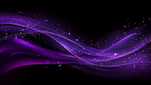 Abstract purple light waves with sparkling particles on black background.