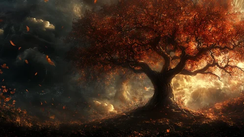 Ancient red tree against stormy sky and glowing light.