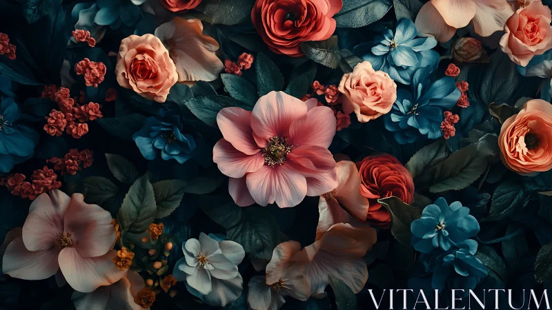 Floral arrangement displaying coral roses with deep teal botanical backdrop