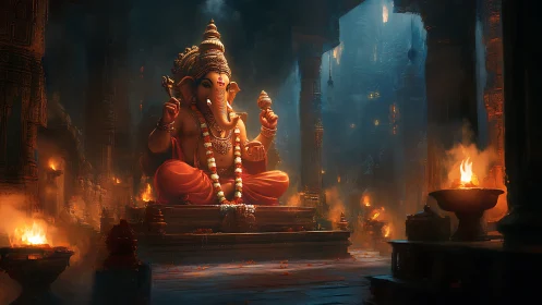Ganesha statue in lamplit temple hall with soft smoke detail.