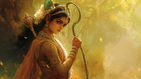 Digital painting of regal warrior goddess with forest backlight.