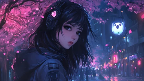 Midnight stroll beneath cyber cherry blossom dreams.