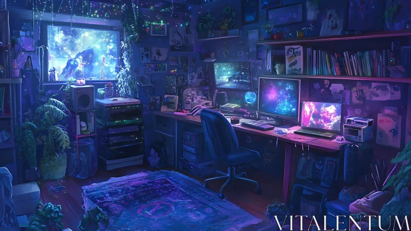 Dreamy cosmic gamer’s room glows with starlit neon screens