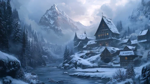 Snowbound mountain village glows warmly under icy twilight.