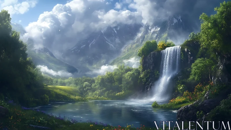 Gentle waterfall retreat beneath storybook mountain skies.