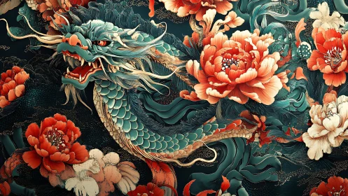 Mythic teal dragon coils through vivid blooming peonies