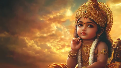Divine child deity portrait under radiant golden sky.
