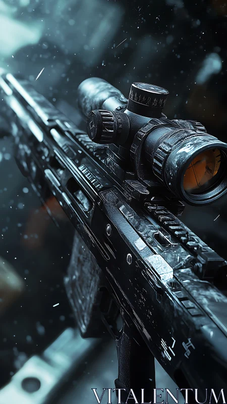 Tactical Rifle Scope in Snowy Combat Scene.
