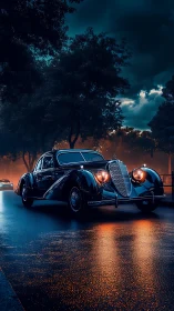 Nocturnal vintage coupe under cinematic rain reflections.