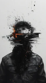 Fragmented figure dissolving into glitch and ash strokes.