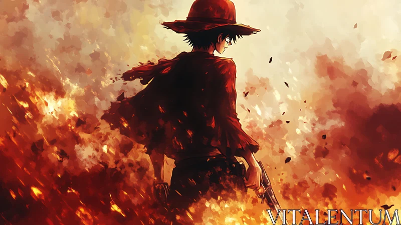 Lone anime gunslinger walks through blazing inferno of fire.
