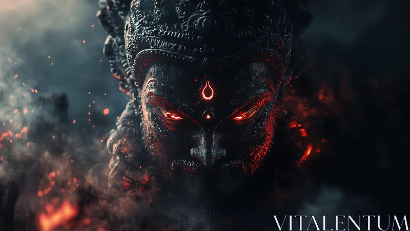 Mythic stone deity face with glowing red eyes in smoke.