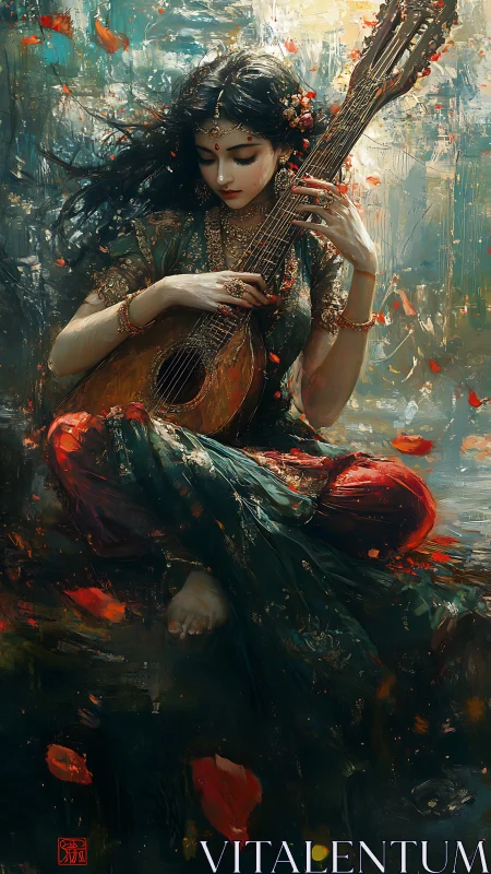 Mystic veiled musician cradles lute amid swirling petals