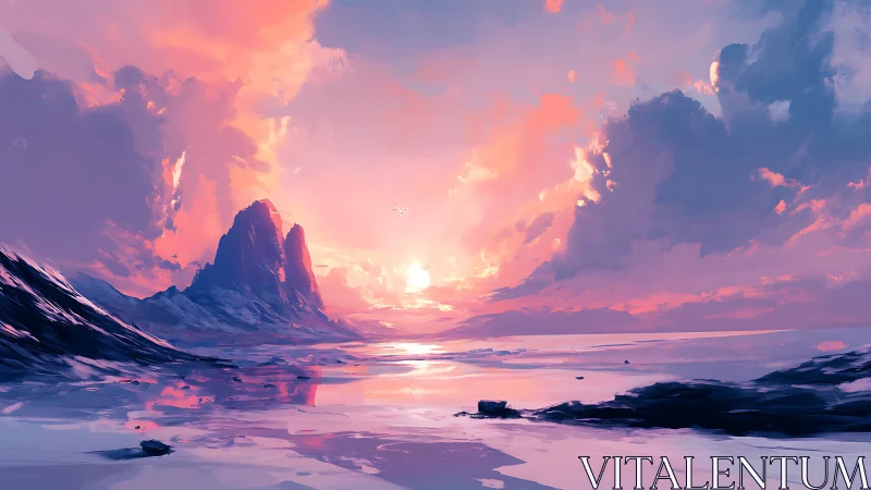 Panoramic alien shoreline at dusk with luminous cloudscape