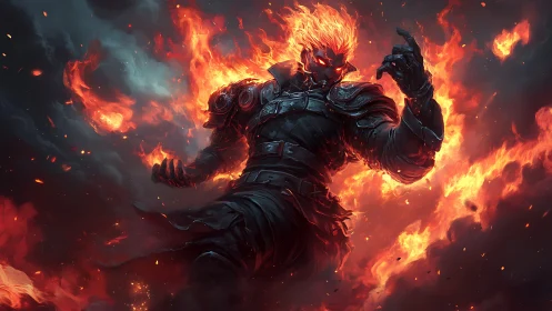 Flame crowned warlord strides through storming inferno skies