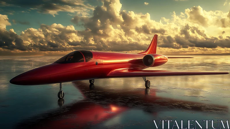 Crimson jet concept on reflective salt flat at golden hour.