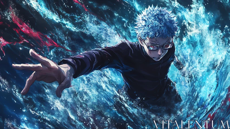 Blue haired fighter surges upward through swirling water