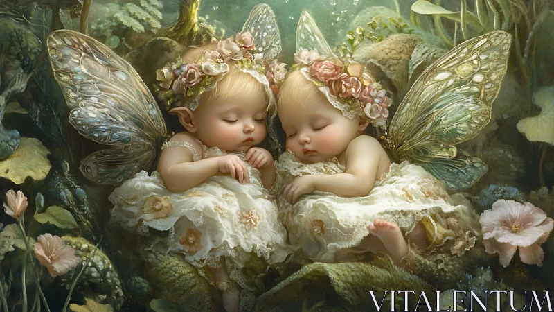 Fantasy digital painting of sleeping fairy twin infants in mossy glade.