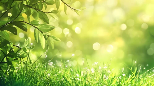 Sunlit Spring Grass and Leaves in Soft Focus Nature Scene.