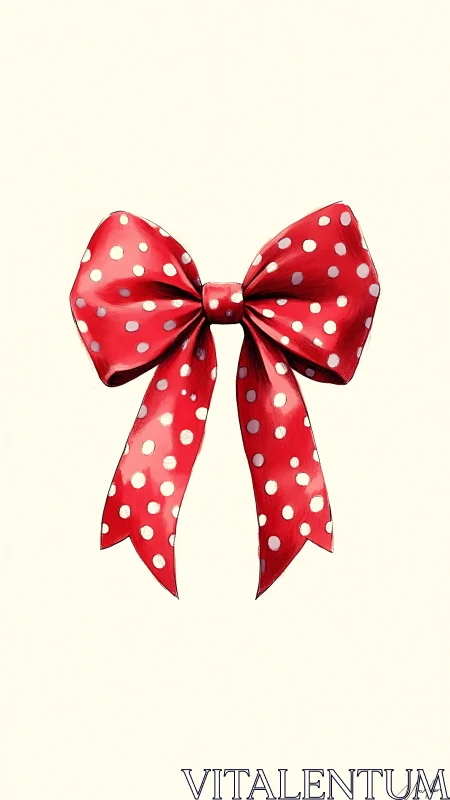 Red satin polka dot bow illustration on light ivory ground