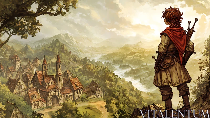 Young adventurer overlooking sunlit medieval river valley.