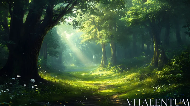 Luminous Forest Passage: Enchanted Woodland Cathedral with Radiant Canopy Light.