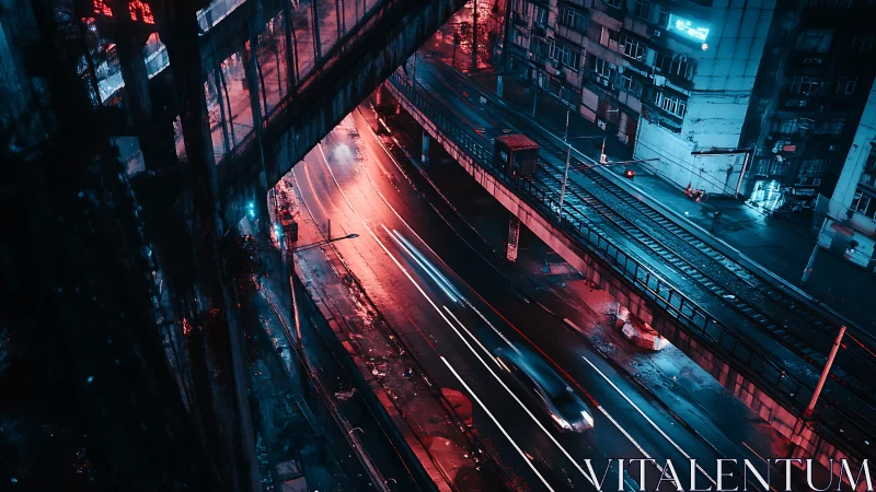 Neon overpass rivers split a moody cyberpunk nightscape.