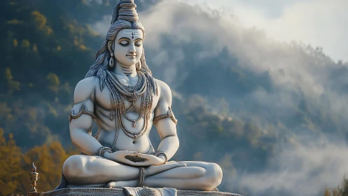 Serene Shiva statue in misty mountain landscape at dawn.