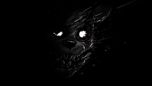 Demonic wolf face emerging from shattered digital darkness.