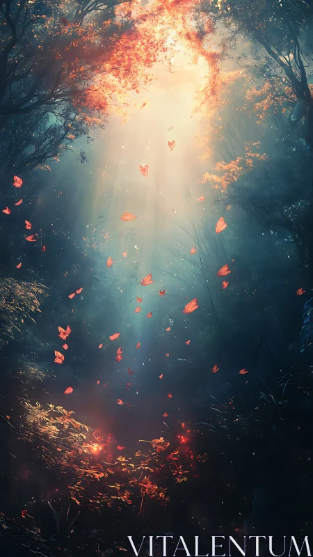 Enchanted forest shaft illuminates ascending scarlet butterflies