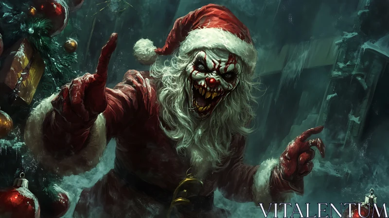 Demonic clown Santa invades haunted winter street scene.