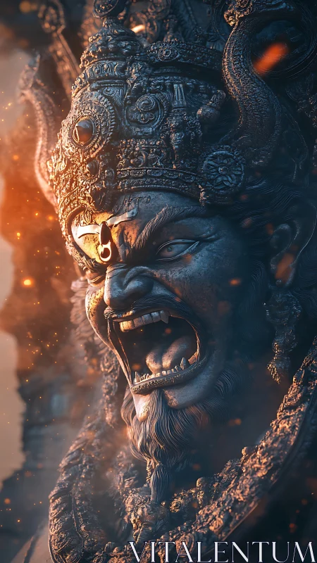 Mythic wrath deity rendered in cinematic 3D chiaroscuro lighting