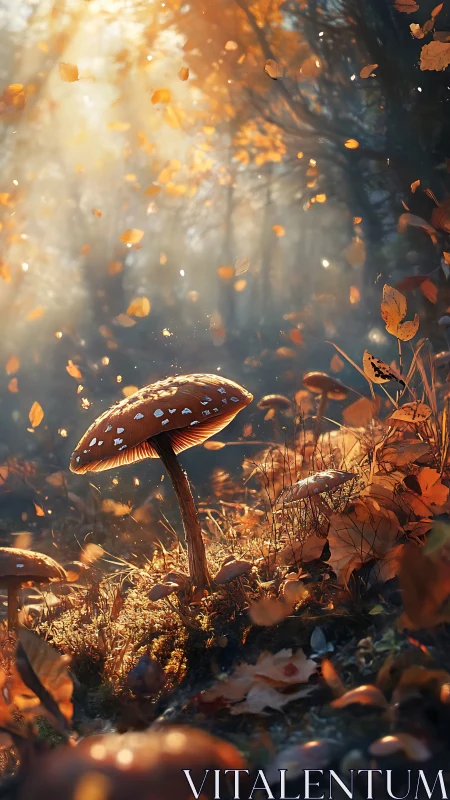 Sunlit fly agaric glows in a dreamy golden autumn forest