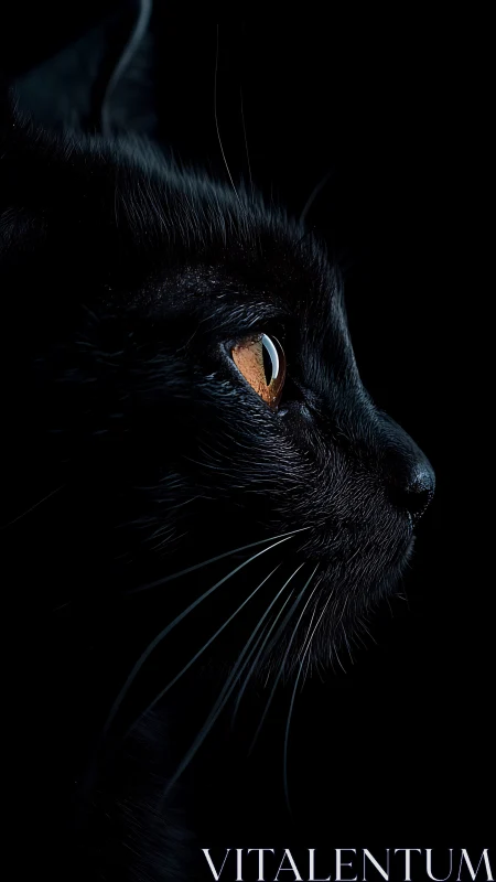 Black cat profile with amber eye against dark background.