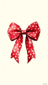 Red satin polka dot bow illustration on light ivory ground