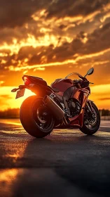 Supersport motorcycle rear three-quarter view at sunset glow