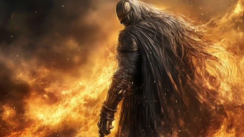 Flame-wreathed dark knight strides through raging inferno.