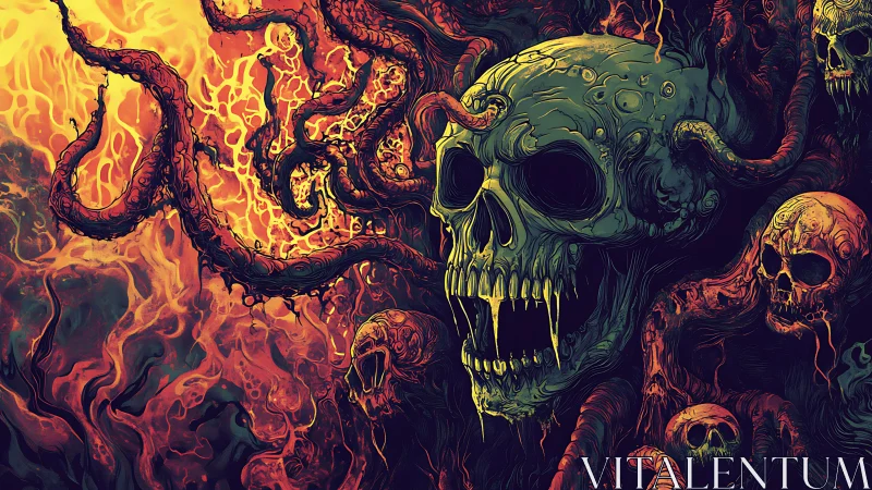 Nightmarish skulls rise among fiery tentacled shadows