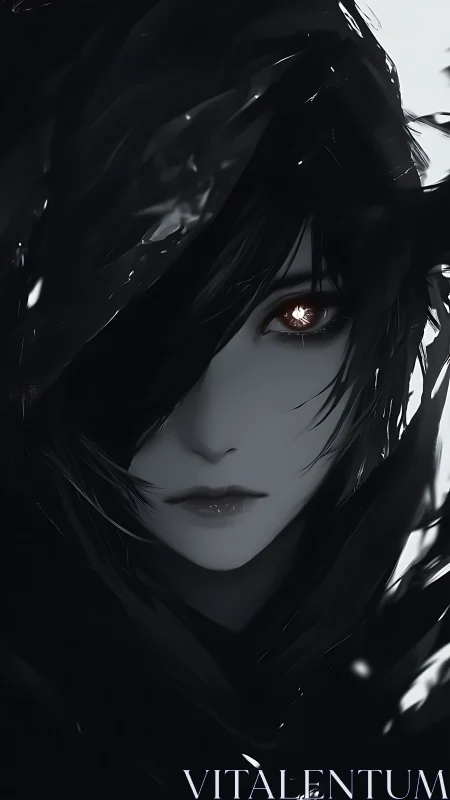 Monochrome occult portrait with high-contrast specular eye rendering.