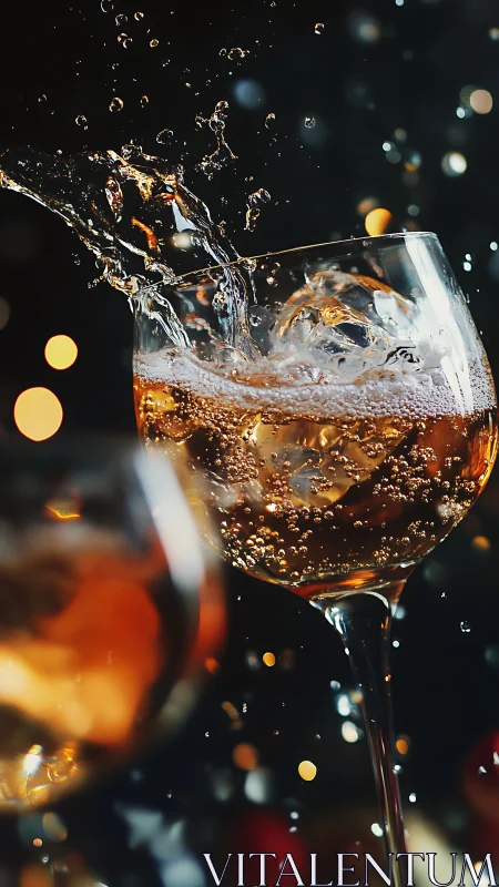 Beverage with dynamic liquid splash against dark background with bokeh