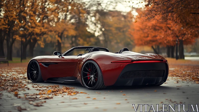 Crimson roadster rests among golden autumn park leaves at dusk