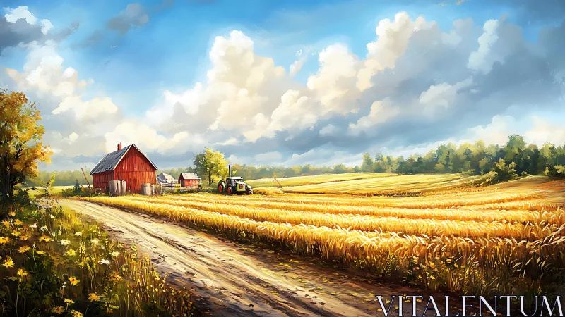 Golden country farm road winding through sunlit wheat fields.