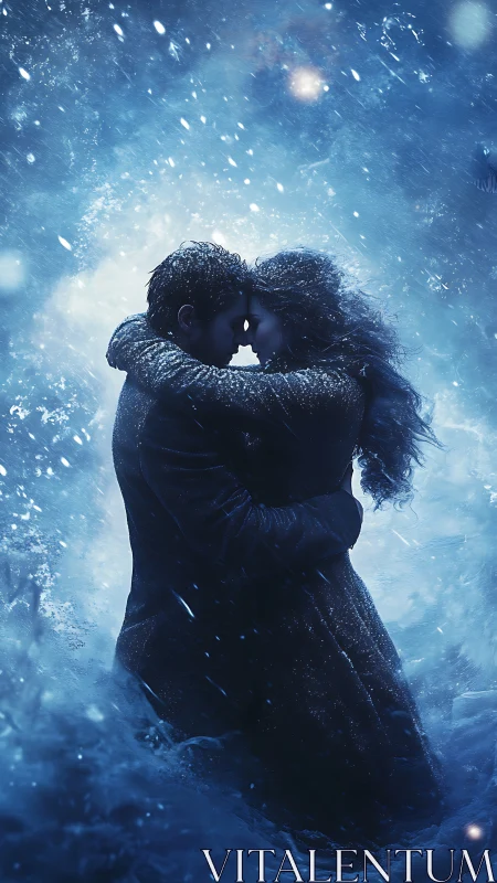 Silhouetted figures embracing in luminescent snow storm.