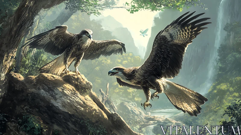 Majestic Eagles in Lush Forest Landscape, Digital Art Style.