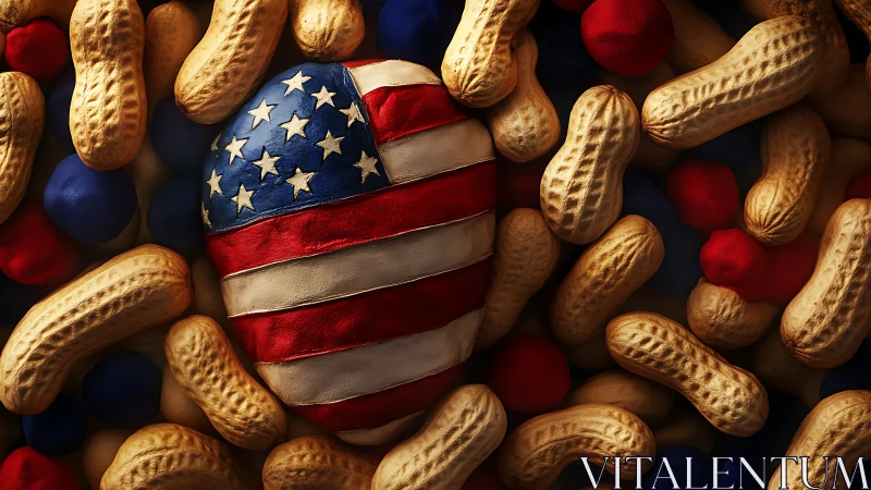 Spherical American Flag Emblem Surrounded by Golden Peanuts and Patriotic Spheres