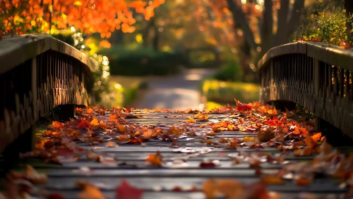 Low-angle view of wooden footbridge with autumn leaf carpet at dusk