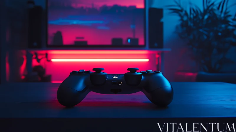 Game controller closeup in neon-lit gaming setup.