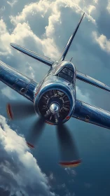 Vintage blue propeller aircraft flying through cloud layer.