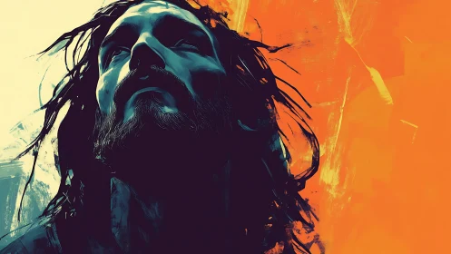 High-contrast digital portrait, upward gaze, cyan and orange